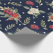 クリスマスの休日海軍バーガンディのアイボリーの花のバラ ラッピングペーパー (角)