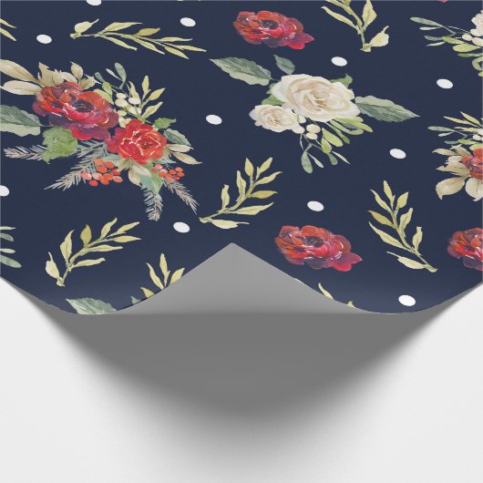 クリスマスの休日海軍バーガンディのアイボリーの花のバラ ラッピングペーパー (角)
