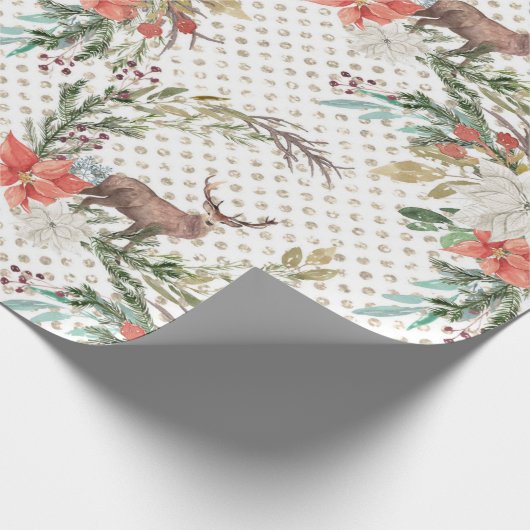 クリスマスの休日-水彩画のシカ及びPointsettia2 ラッピングペーパー (角)