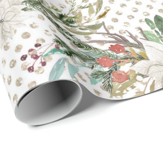 クリスマスの休日-水彩画のシカ及びPointsettia2 ラッピングペーパー (ロールコーナー)