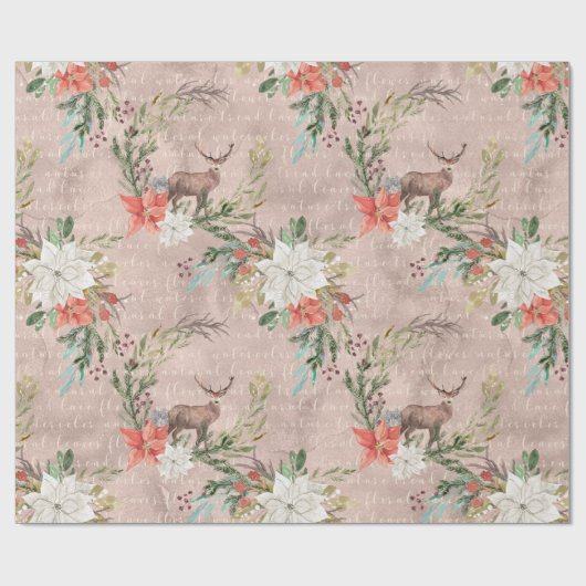 クリスマスの休日-水彩画のシカ及びPointsettia ラッピングペーパー (フラット)