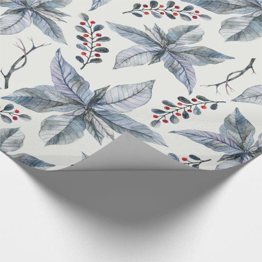 クリスマスの休日-水彩画のポインセチアの銀 ラッピングペーパー (角)
