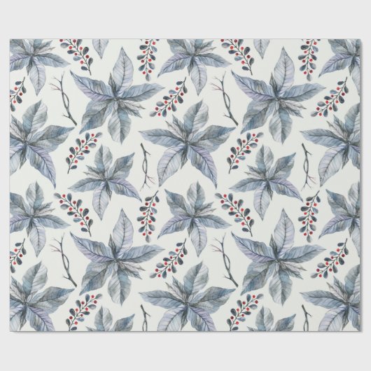 クリスマスの休日-水彩画のポインセチアの銀 ラッピングペーパー (フラット)