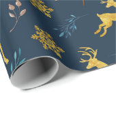 クリスマスの休日-海軍背景の金ゴールドのシカ ラッピングペーパー (ロールコーナー)