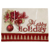 クリスマスの休日-赤または金ゴールドの幸せな休日 ラージペーパーバッグ (正面)