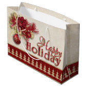 クリスマスの休日-赤または金ゴールドの幸せな休日 ラージペーパーバッグ (裏面アングル)