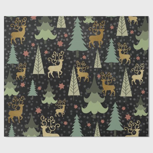 クリスマスの休日-黒の木及びシカ ラッピングペーパー (フラット)