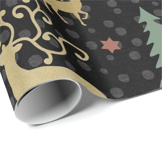 クリスマスの休日-黒の木及びシカ ラッピングペーパー (ロールコーナー)