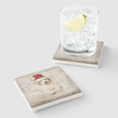 クリスマスの休日- Pyrの子犬のサンタの帽子 ストーンコースター (横)