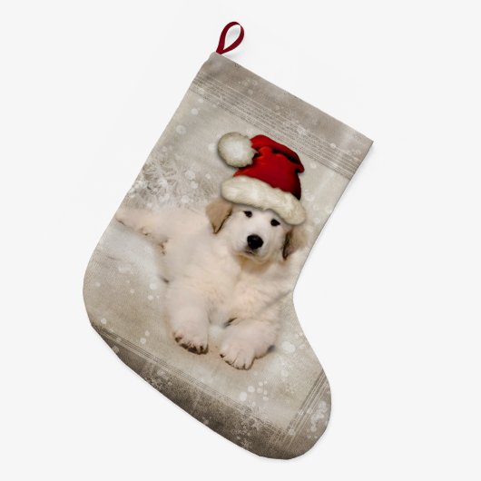 クリスマスの休日- Pyrの子犬のサンタの帽子 ラージクリスマスストッキング (正面 (吊り時))