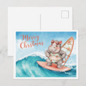 クリスマスの休暇中にサーフボードに乗ったカバ、 シーズンポストカード (正面/裏面)