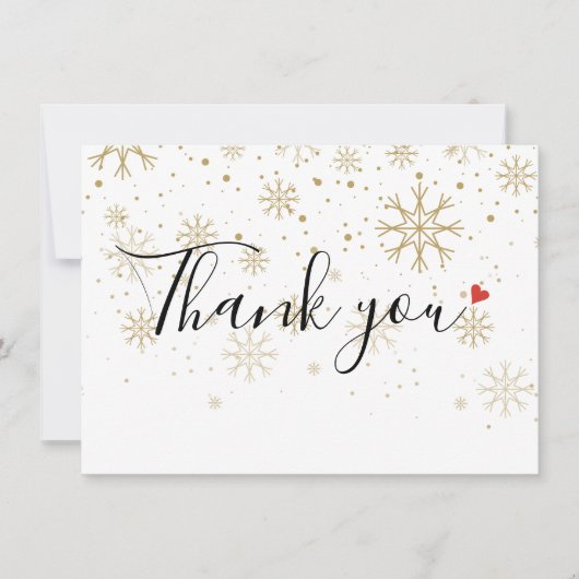 クリスマスの休暇 冬のゴールド ハート 雪の結晶 サンキューカード (正面)
