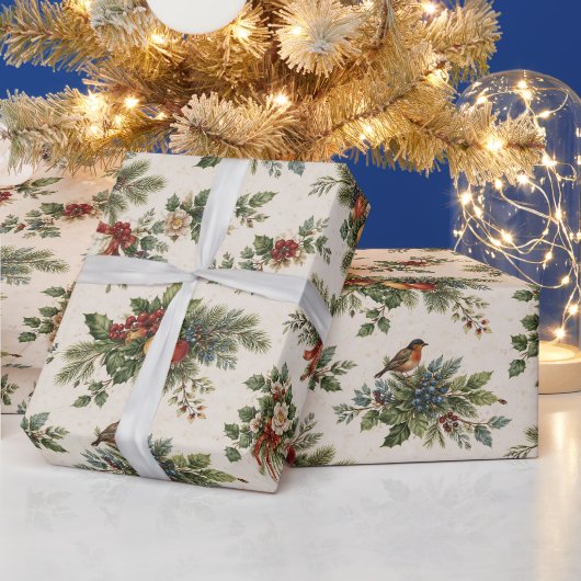 クリスマスの伝統的なヒイラギと冬の果物 ラッピングペーパー (クリスマス)