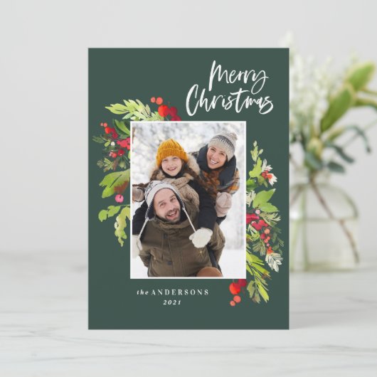 クリスマスの伝統的葉の素朴な写真 シーズンカード (スタンド正面)