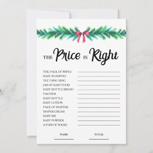 クリスマスの価格は正しい赤ちゃんシャワーゲームカード 招待状 (正面)
