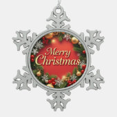 クリスマスの優雅さ：フェスティバルお祝い スノーフレークピューターオーナメント (正面)