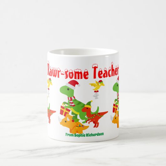 クリスマスの先生への感謝を伝える子供用の恐竜デザイン コーヒーマグカップ (中央)