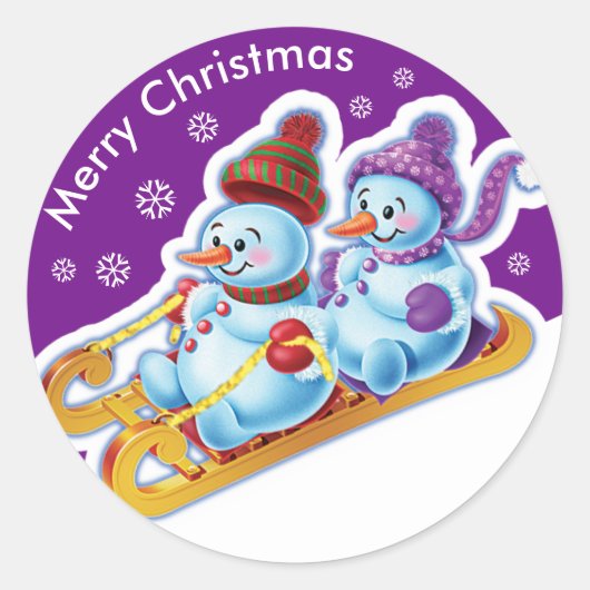 クリスマスの円形のステッカーの雪だるまの雪のスポーツ ラウンドシール (正面)