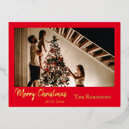クリスマスの写真によるシンプルで上品な赤と金の挨拶 箔シーズンポストカード