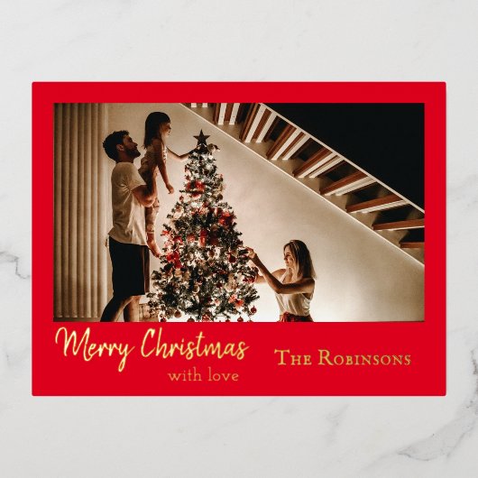 クリスマスの写真によるシンプルで上品な赤と金の挨拶 箔シーズンポストカード (正面)