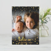 クリスマスの写真はフェイクな金ゴールドホイルの紙吹雪を信じます シーズンカード (スタンド正面)