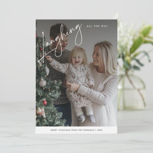 クリスマスの写真を思わず笑いおもしろいを浮かべる脚本 シーズンカード (スタンド正面)