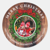 クリスマスの写真を飾ったオリジナルの返信先住所ラベルを作成 ラウンドシール (正面)