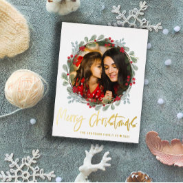 クリスマスの写真 ボタニカル ゴールド スクリプト 箔シーズンポストカード