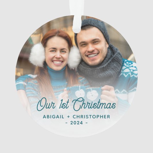 クリスマスの写真 新婚 ターコイズ スクリプト オーナメント (裏面)