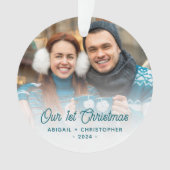 クリスマスの写真 新婚 ターコイズ スクリプト オーナメント (正面)