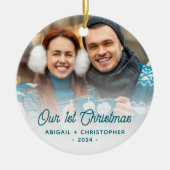 クリスマスの写真 新婚 ターコイズ スクリプト セラミックオーナメント (正面)