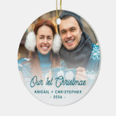 クリスマスの写真 新婚 ターコイズ スクリプト セラミックオーナメント (左)