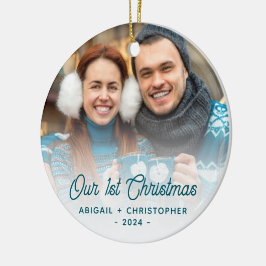 クリスマスの写真 新婚 ターコイズ スクリプト セラミックオーナメント (左)