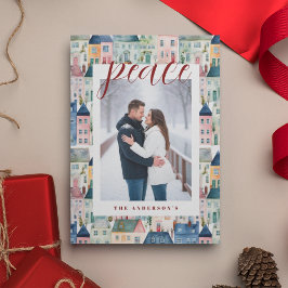 クリスマスの写真 水彩画 色鮮やかな家々 赤 シーズンカード