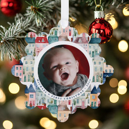 クリスマスの写真 青いお祭りの家 ホリデー オーナメントカード