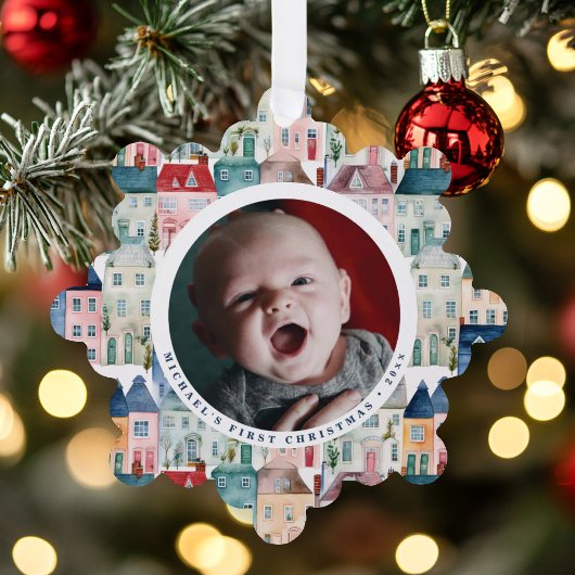クリスマスの写真 青いお祭りの家 ホリデー オーナメントカード