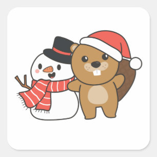 クリスマスの冬に雪だるまのあるビーバー スクエアシール