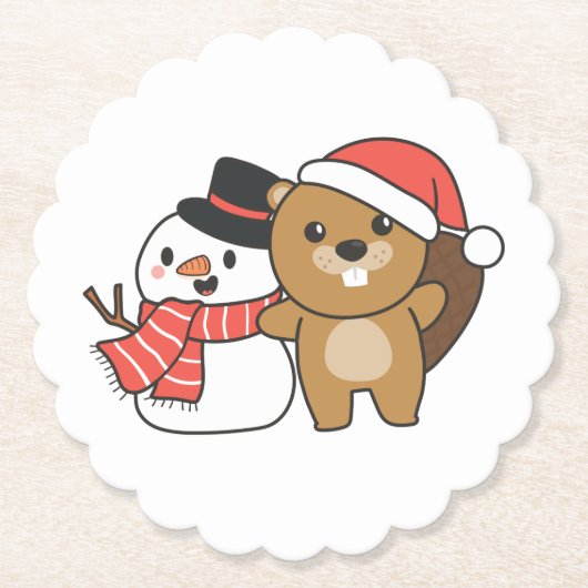 クリスマスの冬に雪だるまのあるビーバー ペーパーコースター (正面)