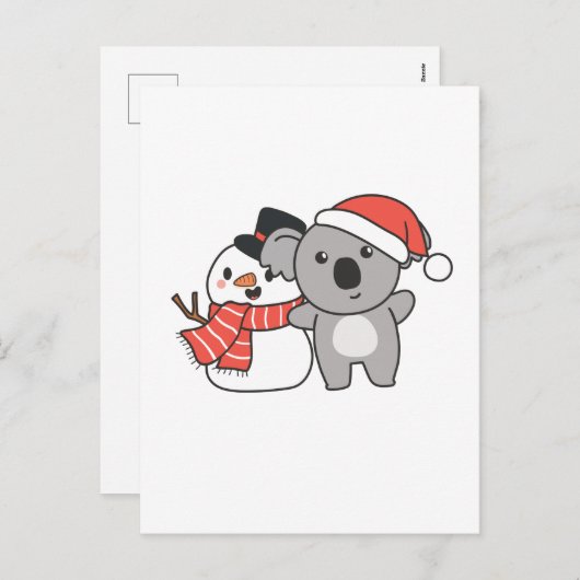 クリスマスの冬に雪だるまを持つコアラ シーズンポストカード (正面/裏面)