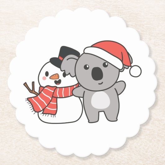 クリスマスの冬に雪だるまを持つコアラ ペーパーコースター (正面)