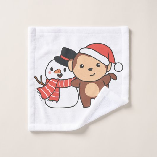クリスマスの冬に雪だるまを持つサル ウォッシュタオル (ウォッシュタオル)