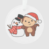 クリスマスの冬に雪だるまを持つサル オーナメント (正面)