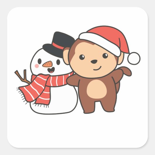クリスマスの冬に雪だるまを持つサル スクエアシール (正面)