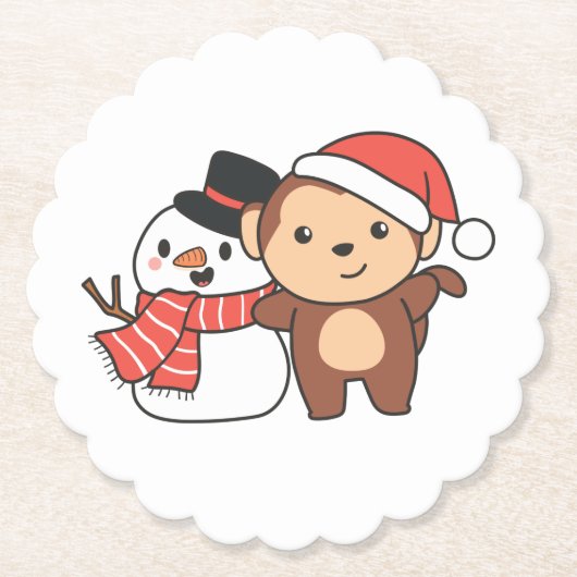クリスマスの冬に雪だるまを持つサル ペーパーコースター (正面)