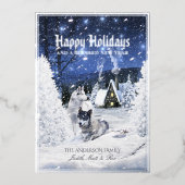 クリスマスの冬のおとぎ話、雪の中の狼 –  箔シーズンカード (正面)