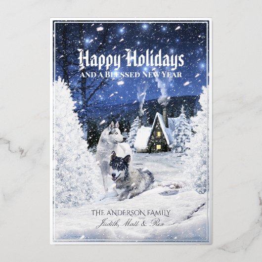 クリスマスの冬のおとぎ話、雪の中の狼 –  箔シーズンカード (正面)