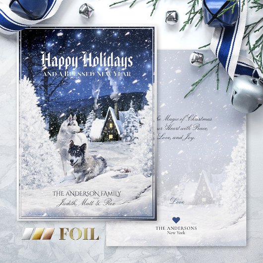 クリスマスの冬のおとぎ話、雪の中の狼 –  箔シーズンカード