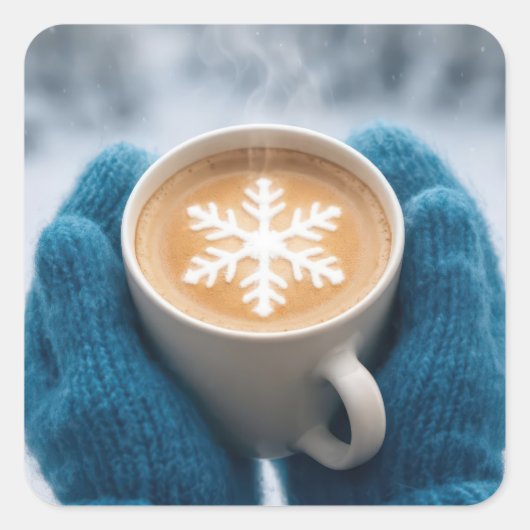 クリスマスの冬のコーヒーとミトンと雪の結晶 スクエアシール (正面)