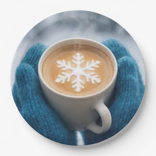 クリスマスの冬のコーヒーとミトンと雪の結晶 ペーパープレート (正面)