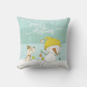 クリスマスの冬のシーンで小さな雪だるまと犬 クッション (正面)